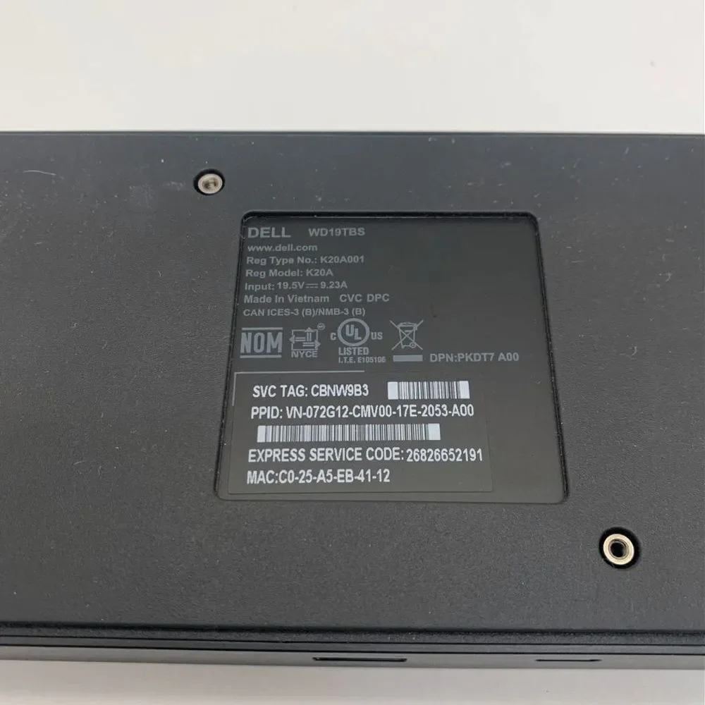 Dell WD19TBS Thunderbolt Docking Station USB-C K20A - No‎ Power Adapter
